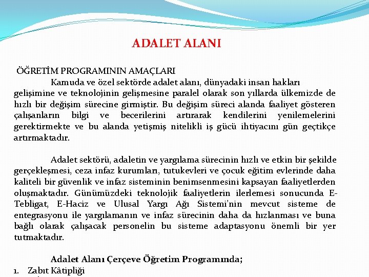 ADALET ALANI ÖĞRETİM PROGRAMININ AMAÇLARI Kamuda ve özel sektörde adalet alanı, dünyadaki insan hakları