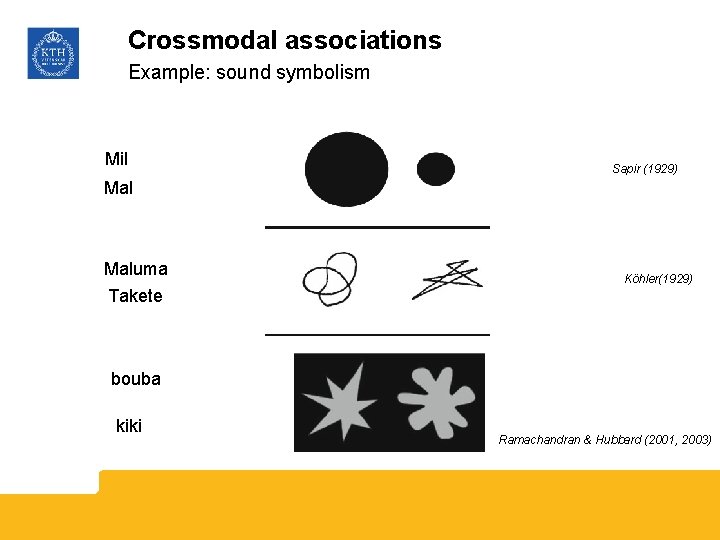 Crossmodal associations Example: sound symbolism Mil Sapir (1929) Maluma Takete Köhler(1929) bouba kiki Ramachandran