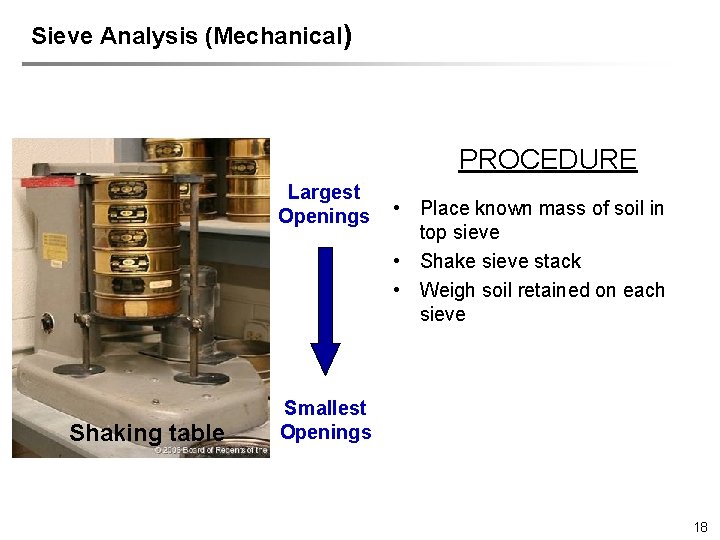 Sieve Analysis (Mechanical) PROCEDURE Largest Openings Shaking table • Place known mass of soil