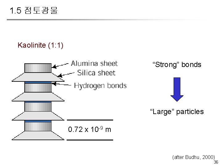 1. 5 점토광물 Kaolinite (1: 1) “Strong” bonds “Large” particles 0. 72 x 10