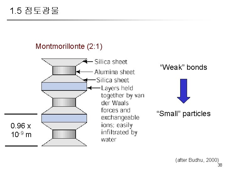 1. 5 점토광물 Montmorillonte (2: 1) “Weak” bonds “Small” particles 0. 96 x 10