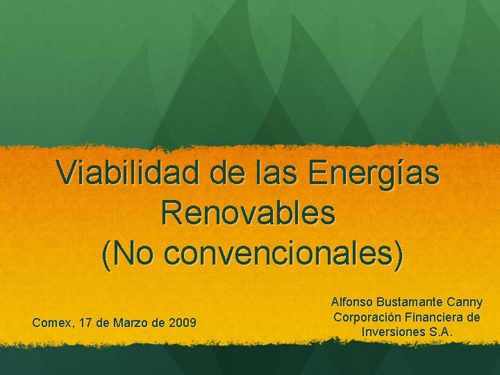 Viabilidad de las Energías Renovables (No convencionales) Comex, 17 de Marzo de 2009 Alfonso