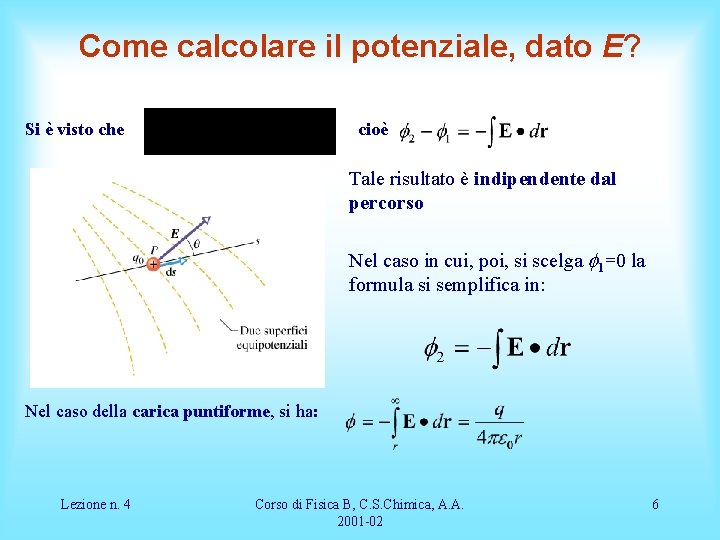 Come calcolare il potenziale, dato E? Si è visto che cioè Tale risultato è