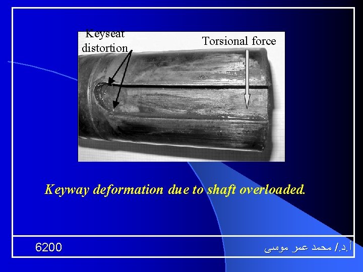 Keyseat distortion Torsional force Keyway deformation due to shaft overloaded. 6200 ﻣﺤﻤﺪ ﻋﻤﺮ ﻣﻮﺳﻰ