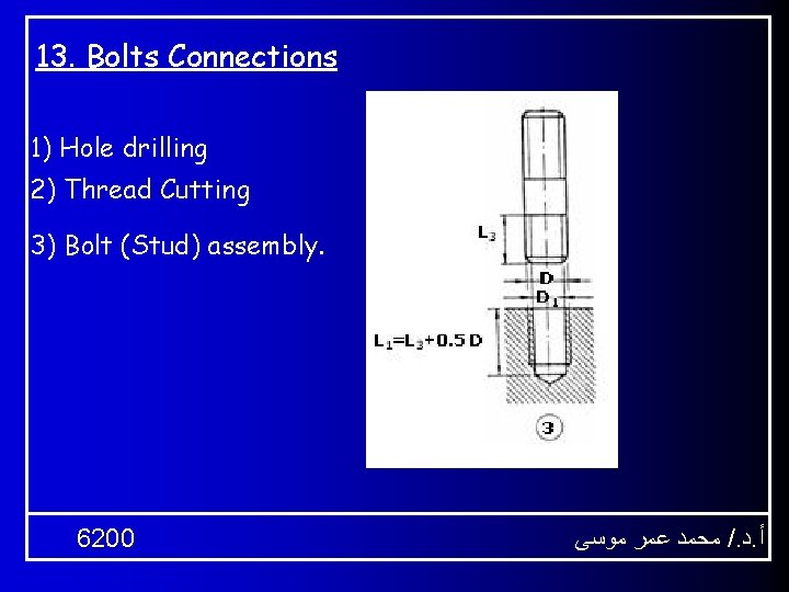 13. Bolts Connections 1) Hole drilling 2) Thread Cutting 3) Bolt (Stud) assembly. 6200
