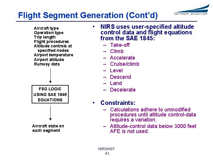 Flight Segment Generation (Cont’d) Aircraft type Operation type Trip length Flight procedures Altitude controls