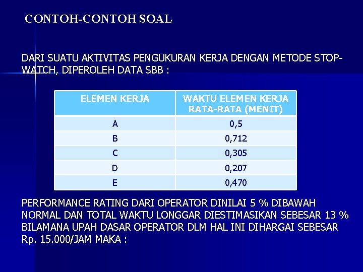 CONTOH-CONTOH SOAL DARI SUATU AKTIVITAS PENGUKURAN KERJA DENGAN METODE STOPWATCH, DIPEROLEH DATA SBB :