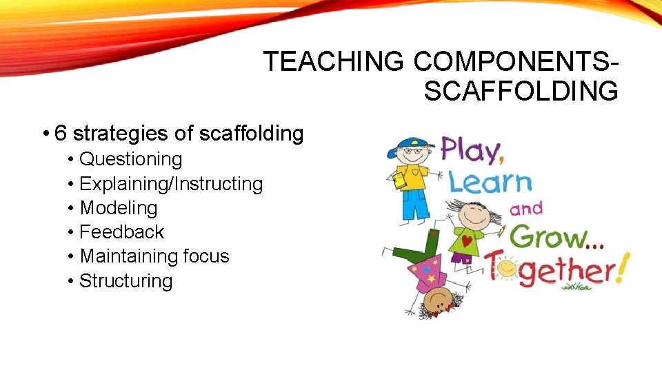 TEACHING COMPONENTSSCAFFOLDING • 6 strategies of scaffolding • Questioning • Explaining/Instructing • Modeling •