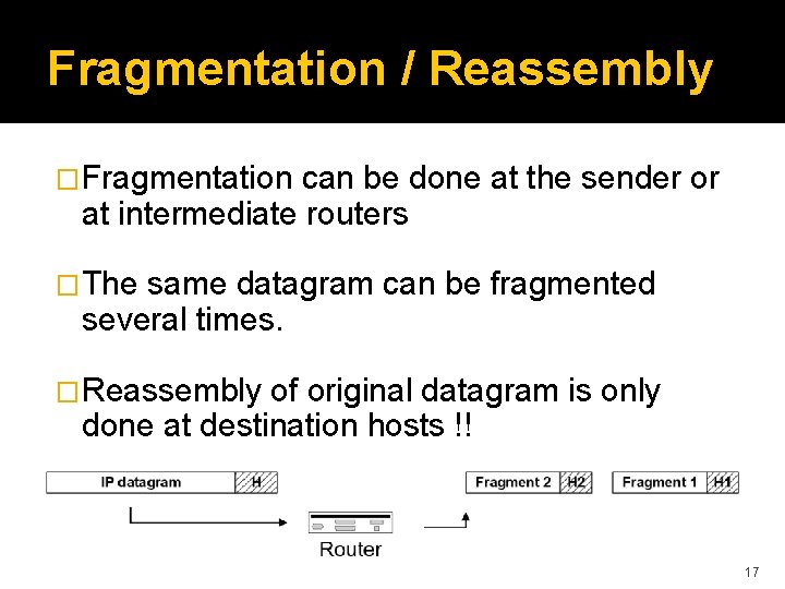 Fragmentation / Reassembly �Fragmentation can be done at the sender or at intermediate routers