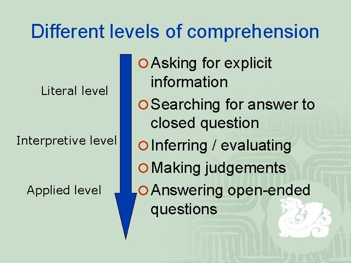 Different levels of comprehension ¡ Asking for explicit Literal level Interpretive level Applied level