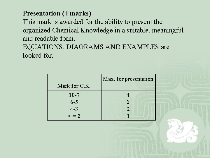 Presentation (4 marks) This mark is awarded for the ability to present the organized