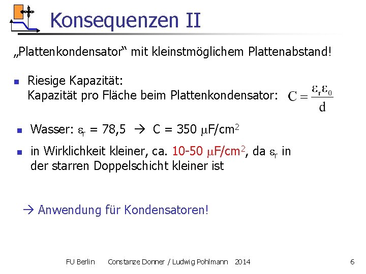 Konsequenzen II „Plattenkondensator“ mit kleinstmöglichem Plattenabstand! n n n Riesige Kapazität: Kapazität pro Fläche