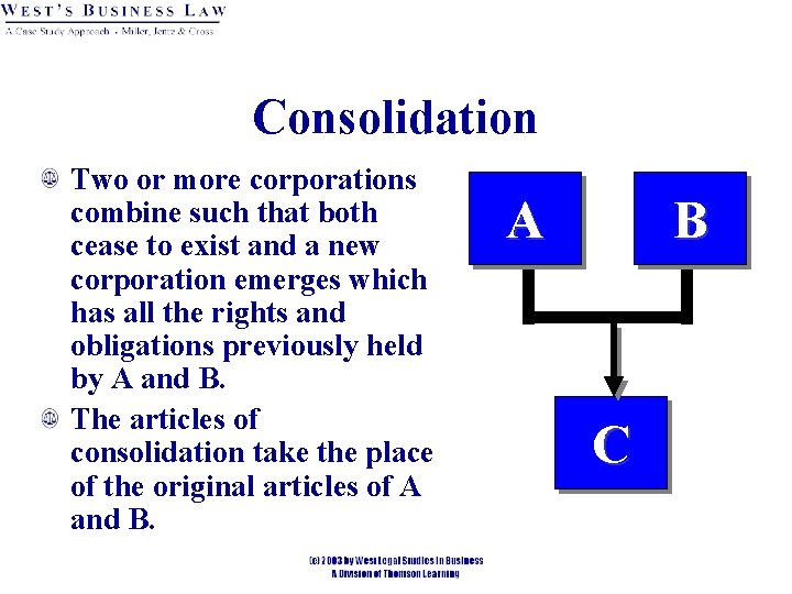 Consolidation Two or more corporations combine such that both cease to exist and a