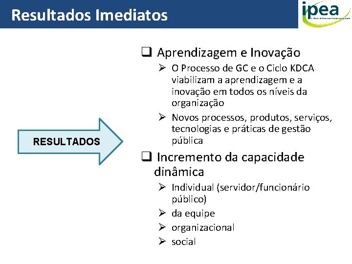 Resultados Imediatos q Aprendizagem e Inovação RESULTADOS Ø O Processo de GC e o