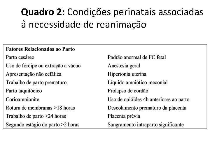 Quadro 2: Condic o es perinatais associadas a necessidade de reanimac a o neonatal