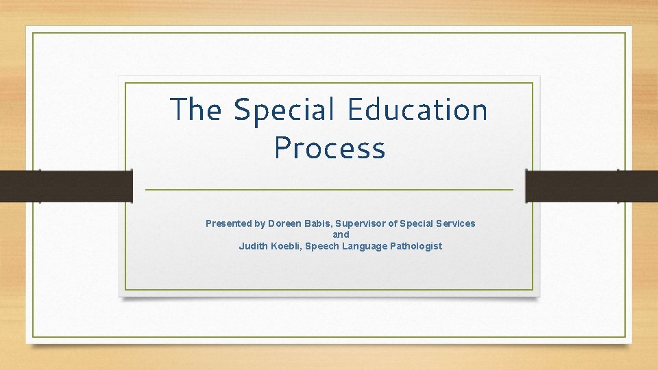 The Special Education Process Presented by Doreen Babis, Supervisor of Special Services and Judith