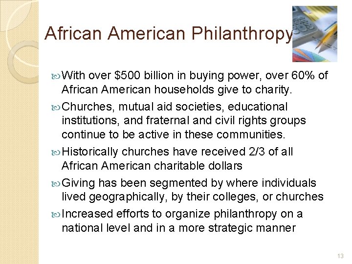 African American Philanthropy With over $500 billion in buying power, over 60% of African