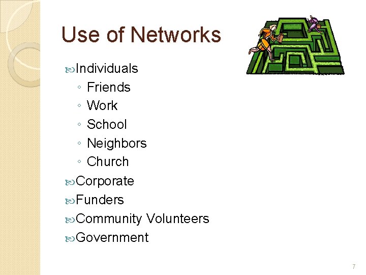 Use of Networks Individuals ◦ Friends ◦ Work ◦ School ◦ Neighbors ◦ Church