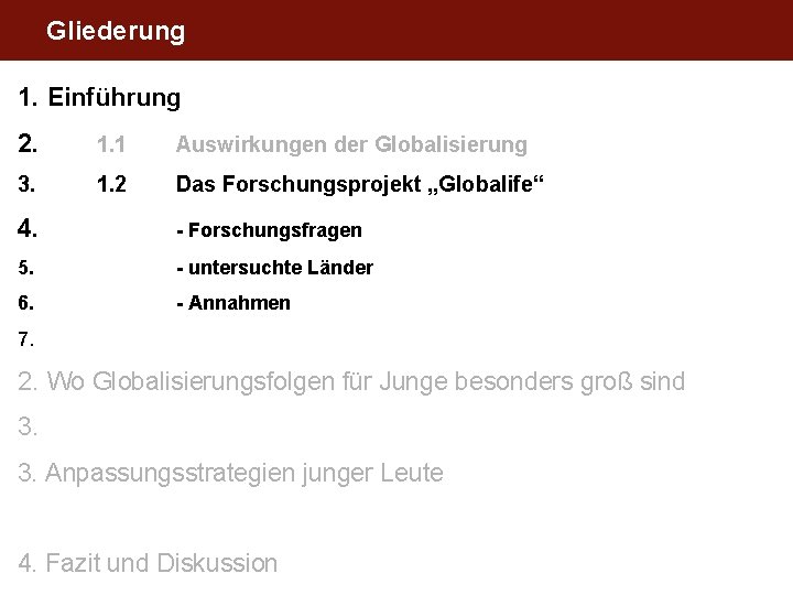 Gliederung 1. Einführung 2. 1. 1 Auswirkungen der Globalisierung 3. 1. 2 Das Forschungsprojekt