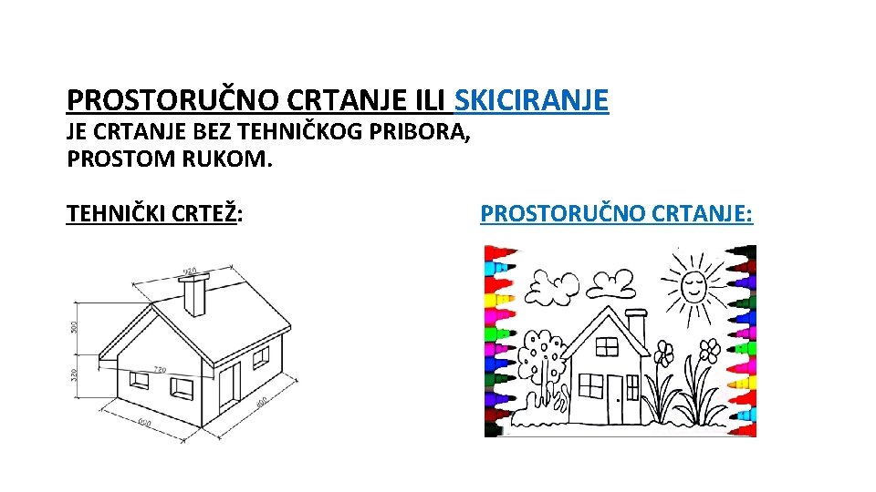 PROSTORUČNO CRTANJE ILI SKICIRANJE JE CRTANJE BEZ TEHNIČKOG PRIBORA, PROSTOM RUKOM. TEHNIČKI CRTEŽ: PROSTORUČNO