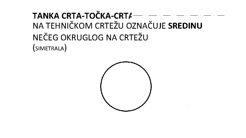 TANKA CRTA-TOČKA-CRTA NA TEHNIČKOM CRTEŽU OZNAČUJE SREDINU NEČEG OKRUGLOG NA CRTEŽU (SIMETRALA) 