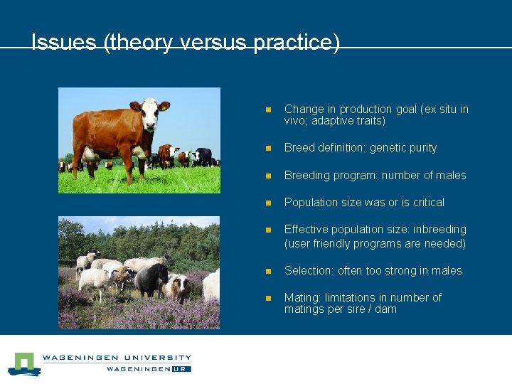 Issues (theory versus practice) n Change in production goal (ex situ in vivo; adaptive