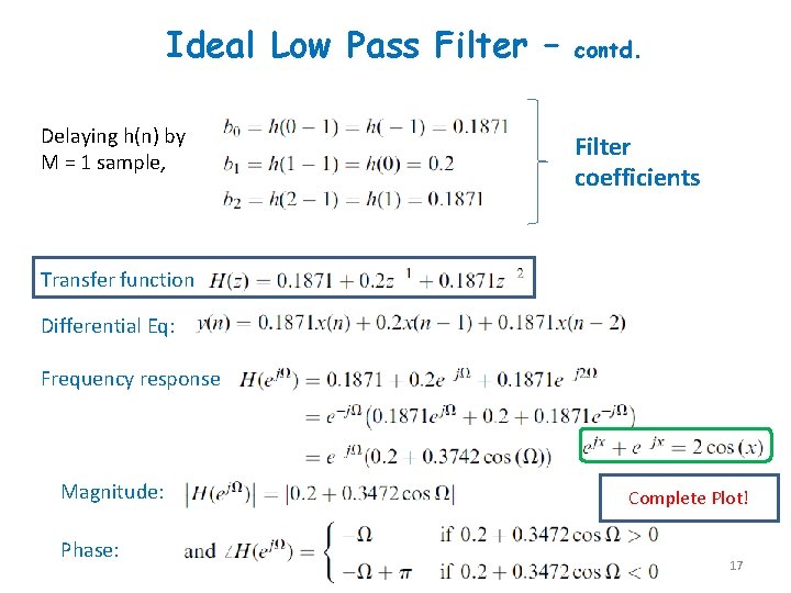 Ideal Low Pass Filter – Delaying h(n) by M = 1 sample, contd. Filter