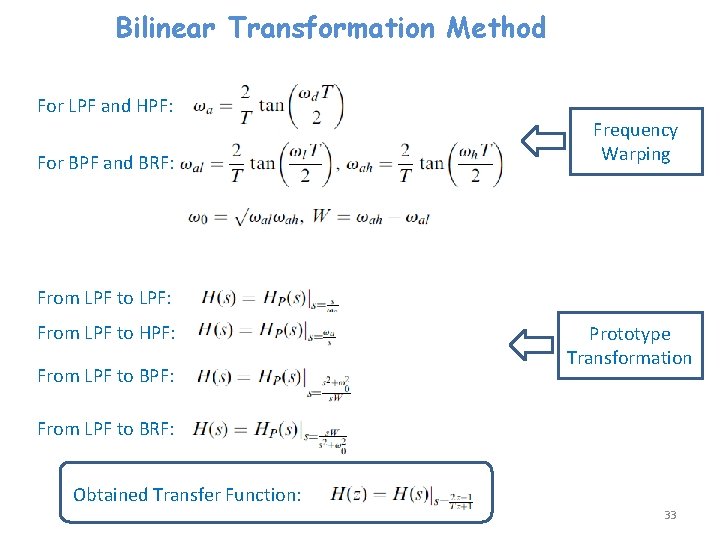 Bilinear Transformation Method For LPF and HPF: For BPF and BRF: Frequency Warping From