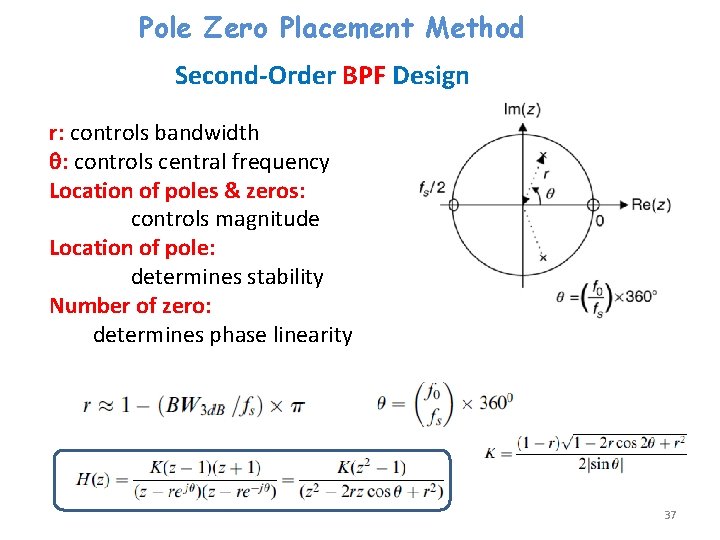 Pole Zero Placement Method Second-Order BPF Design r: controls bandwidth : controls central frequency