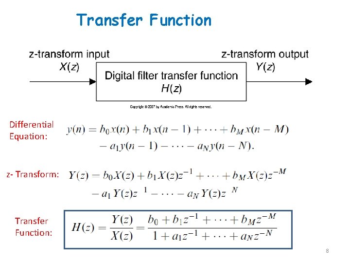 Transfer Function Differential Equation: z- Transform: Transfer Function: 8 