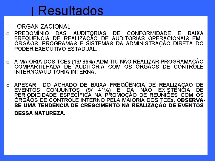 Resultados ORGANIZACIONAL ¢ PREDOMÍNIO DAS AUDITORIAS DE CONFORMIDADE E BAIXA FREQUENCIA DE REALIZAÇÃO DE