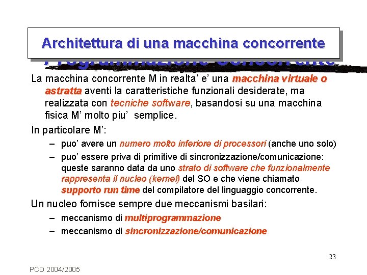 Architettura. Introduzione di una macchinaalla concorrente Programmazione Concorrente La macchina concorrente M in realta’