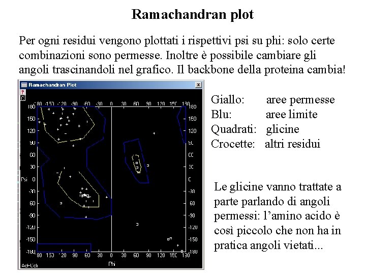 Ramachandran plot Per ogni residui vengono plottati i rispettivi psi su phi: solo certe