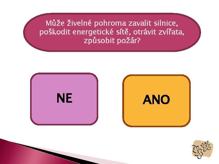 Může živelné pohroma zavalit silnice, poškodit energetické sítě, otrávit zvířata, způsobit požár? NE ANO