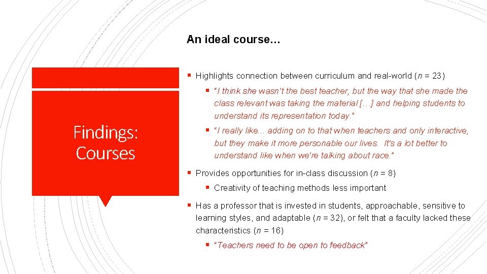 An ideal course… § Highlights connection between curriculum and real-world (n = 23) §