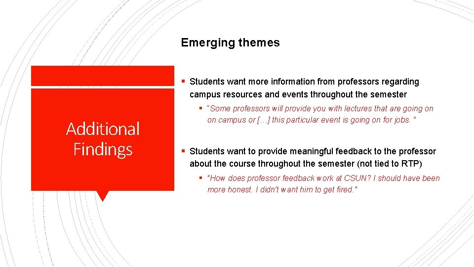 Emerging themes § Students want more information from professors regarding campus resources and events