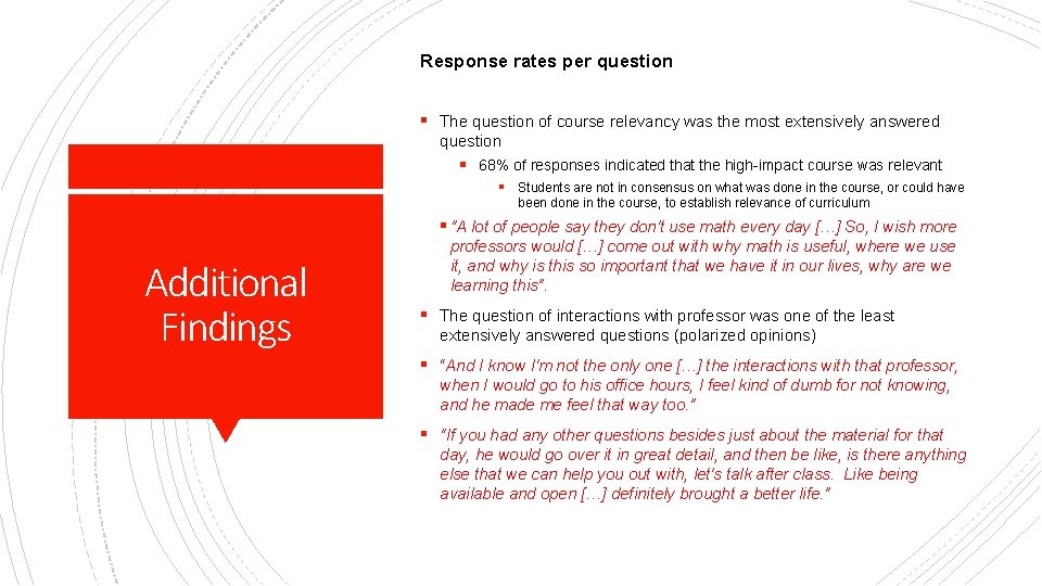 Response rates per question § The question of course relevancy was the most extensively