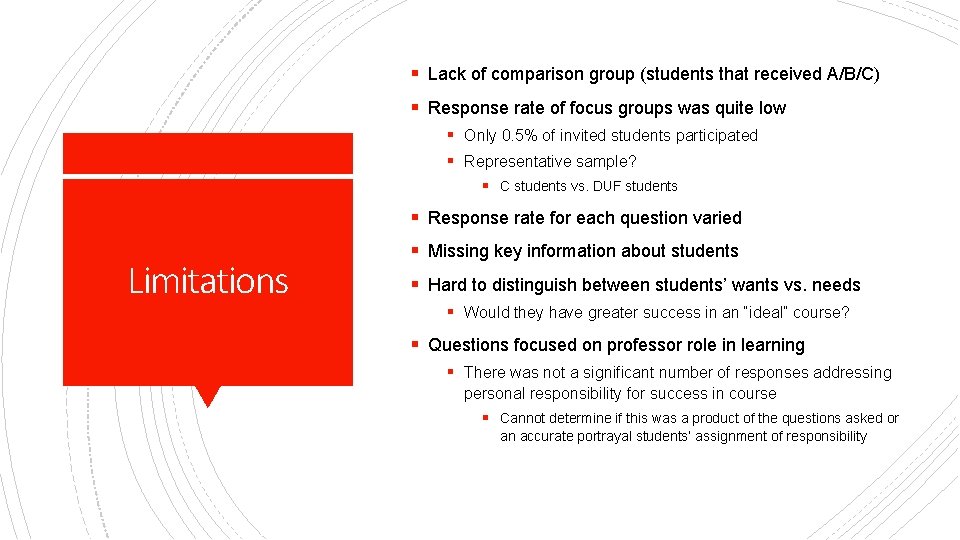 § Lack of comparison group (students that received A/B/C) § Response rate of focus