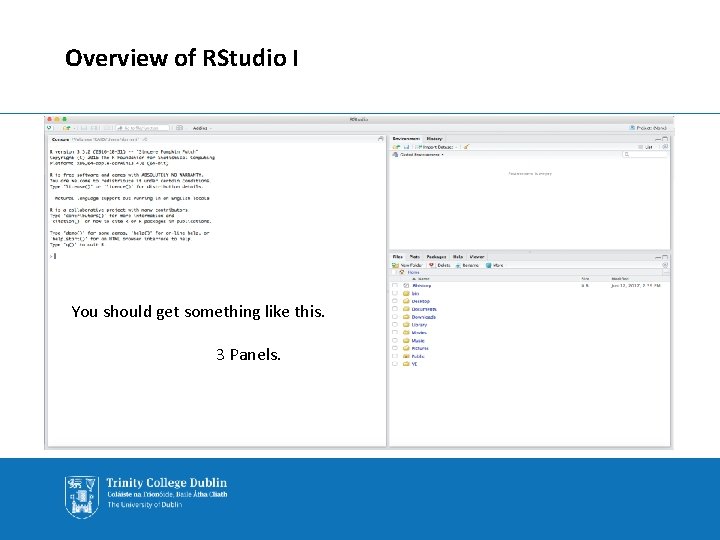 Overview of RStudio I You should get something like this. 3 Panels. 