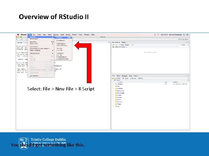 Overview of RStudio II Select: File > New File > R Script You should