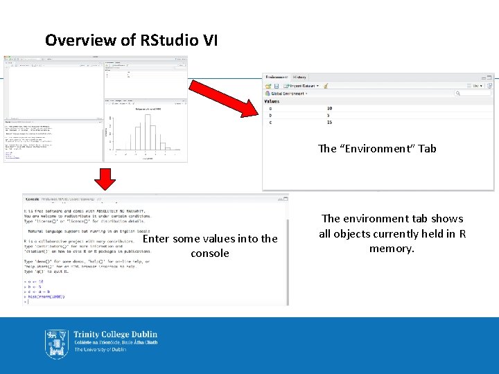 Overview of RStudio VI The “Environment” Tab Enter some values into the console The