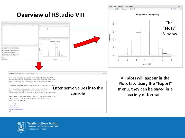 Overview of RStudio VIII The “Plots” Window Enter some values into the console All