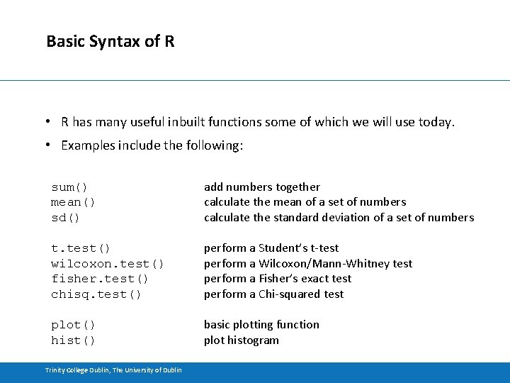 Basic Syntax of R • R has many useful inbuilt functions some of which