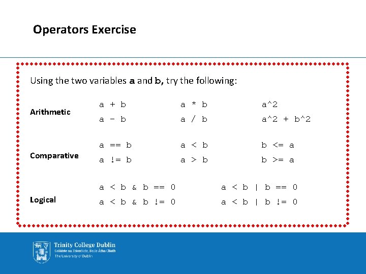 Operators Exercise Using the two variables a and b, try the following: Arithmetic Comparative