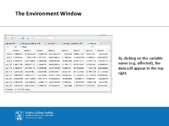 The Environment Window By clicking on the variable name (e. g. affected), the data