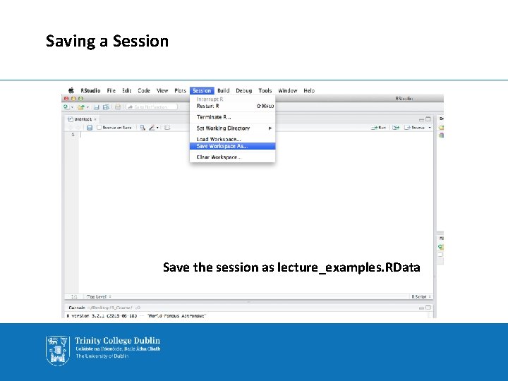 Saving a Session Save the session as lecture_examples. RData 