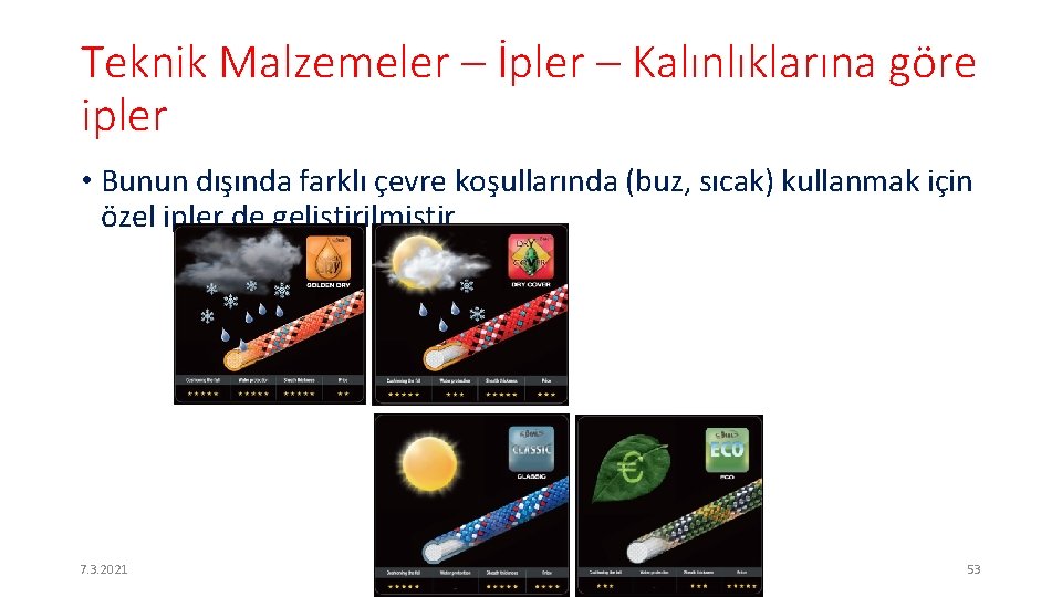 Teknik Malzemeler – İpler – Kalınlıklarına göre ipler • Bunun dışında farklı çevre koşullarında