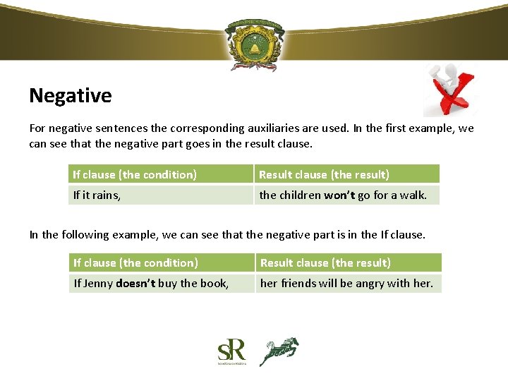 Negative For negative sentences the corresponding auxiliaries are used. In the first example, we Negative For negative sentences the corresponding auxiliaries are used. In the first example, we