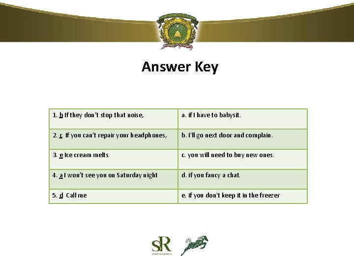 Answer Key 1. b If they don’t stop that noise, a. if I have Answer Key 1. b If they don’t stop that noise, a. if I have