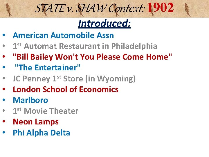 STATE v. SHAW Context: 1902 • • • Introduced: American Automobile Assn 1 st